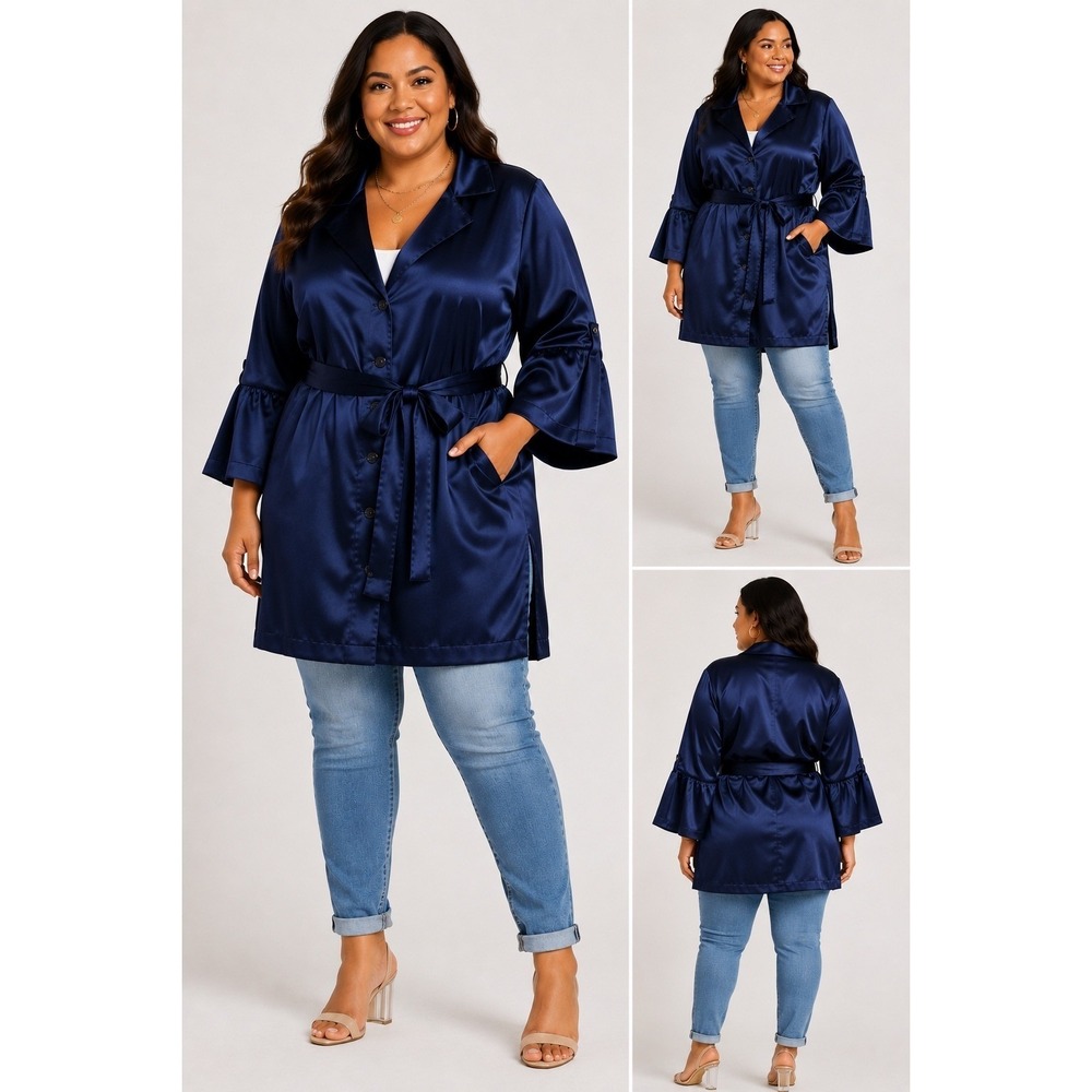 Ashley Stewart Navy Blue Satin Belted Jacket Plus Size 2X Bell Sleeve Trench